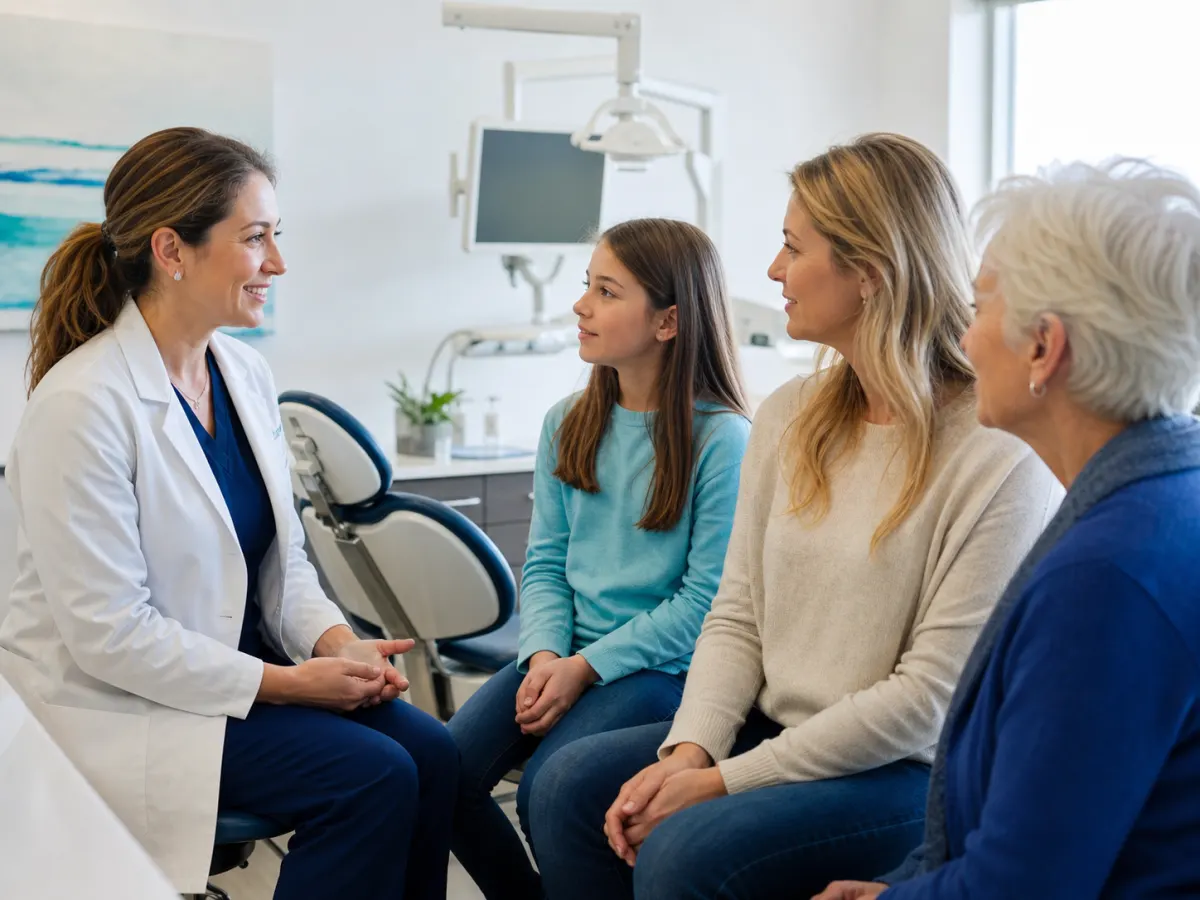 Port Dover dentist listening to a child, parent and older family member during a relaxed consultation