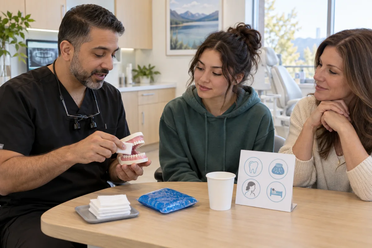 Dental surgeon reviewing wisdom-tooth aftercare and clot protection with a young adult and escort