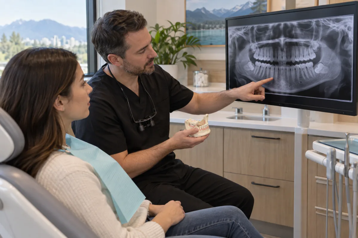 Dentist reviewing a panoramic X-ray to assess wisdom-tooth position, roots and nearby structures