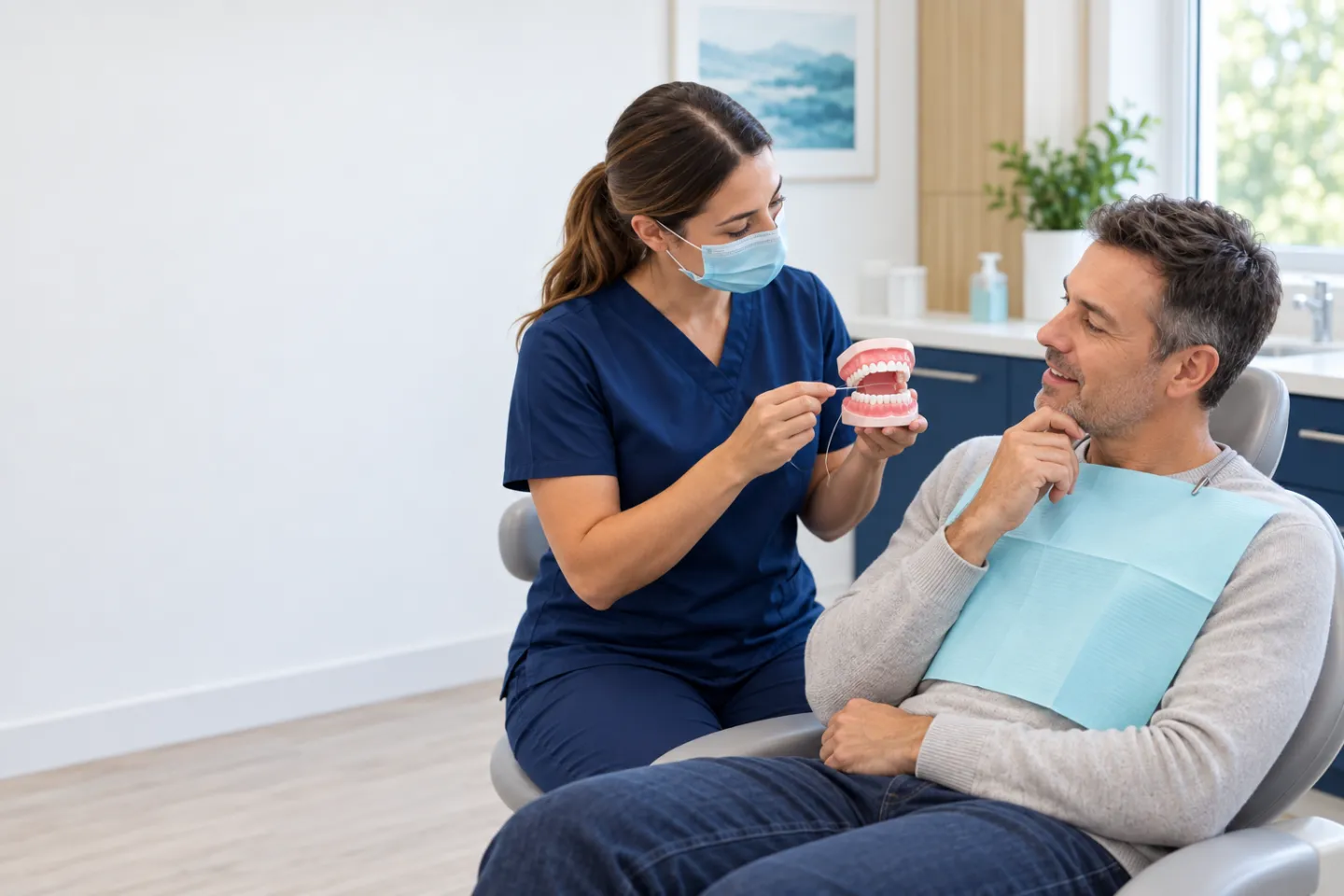 Dentist discussing oral hygiene and bad breath causes with an adult patient