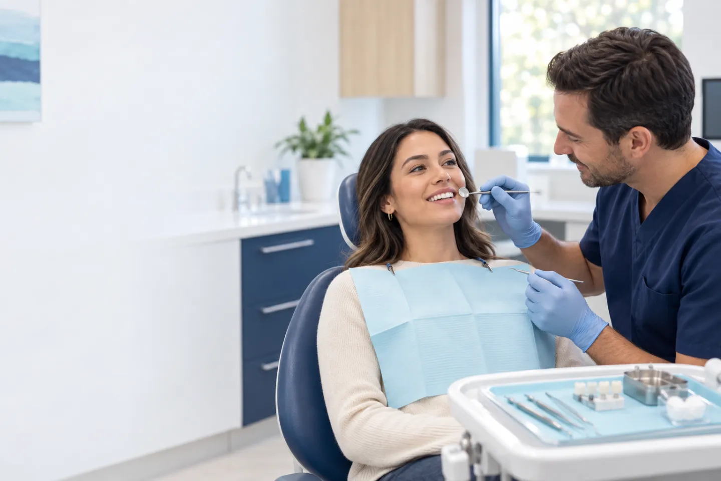 Dentist assessing a patient’s chipped front tooth for repair