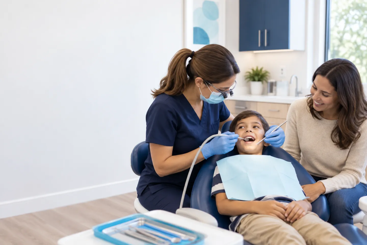 Dentist gently treating a child’s tooth while a parent provides reassurance