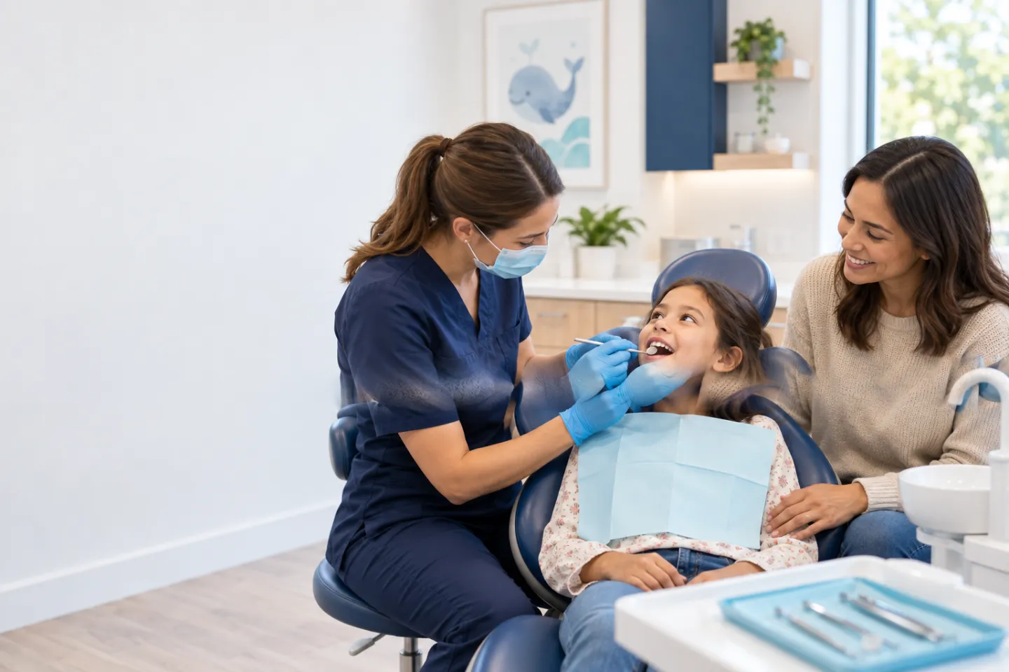 Dentist gently examining a child’s teeth with a parent nearby