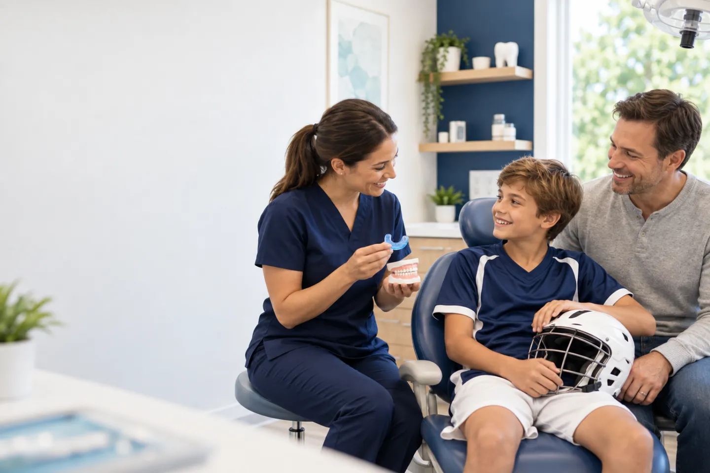 Young athlete holding a custom sports mouthguard in a dental clinic