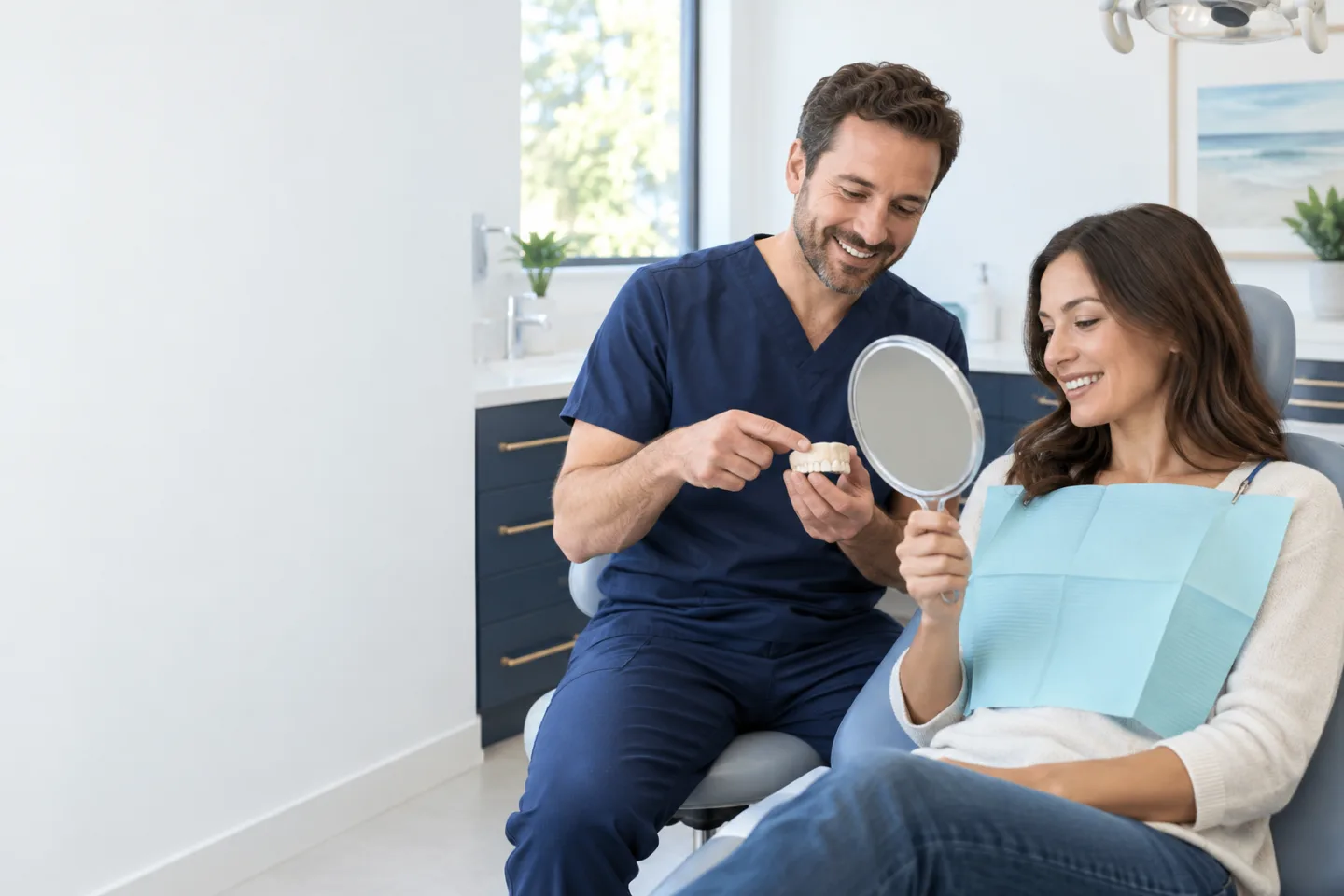 Dentist explaining cosmetic tooth reshaping to a patient in Port Dover