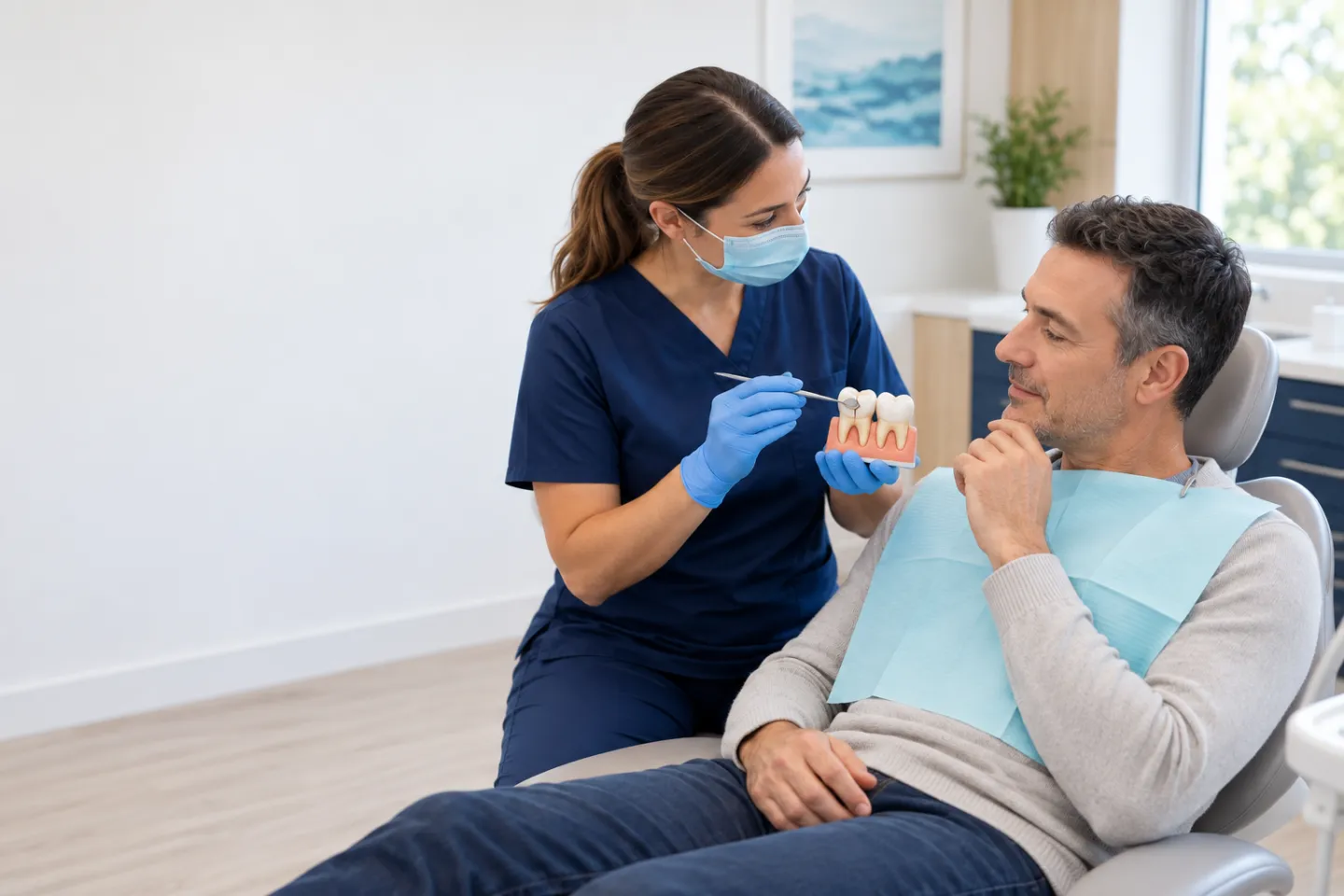Dentist explaining repair options for a cracked tooth using a dental model