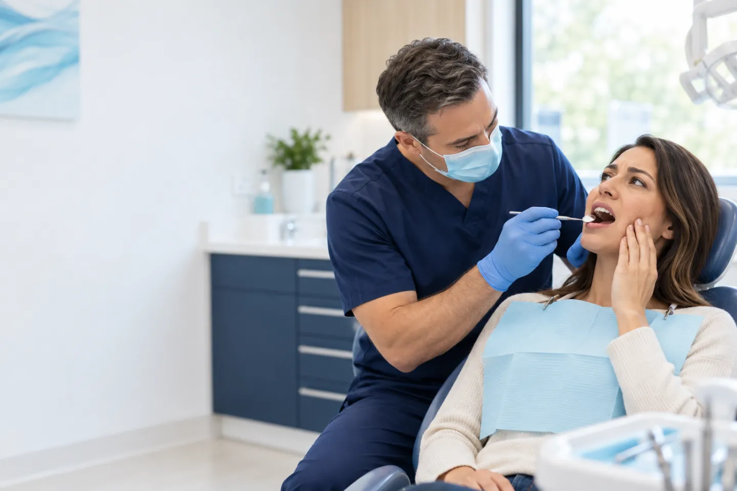 Dentist assessing jaw swelling caused by a dental abscess