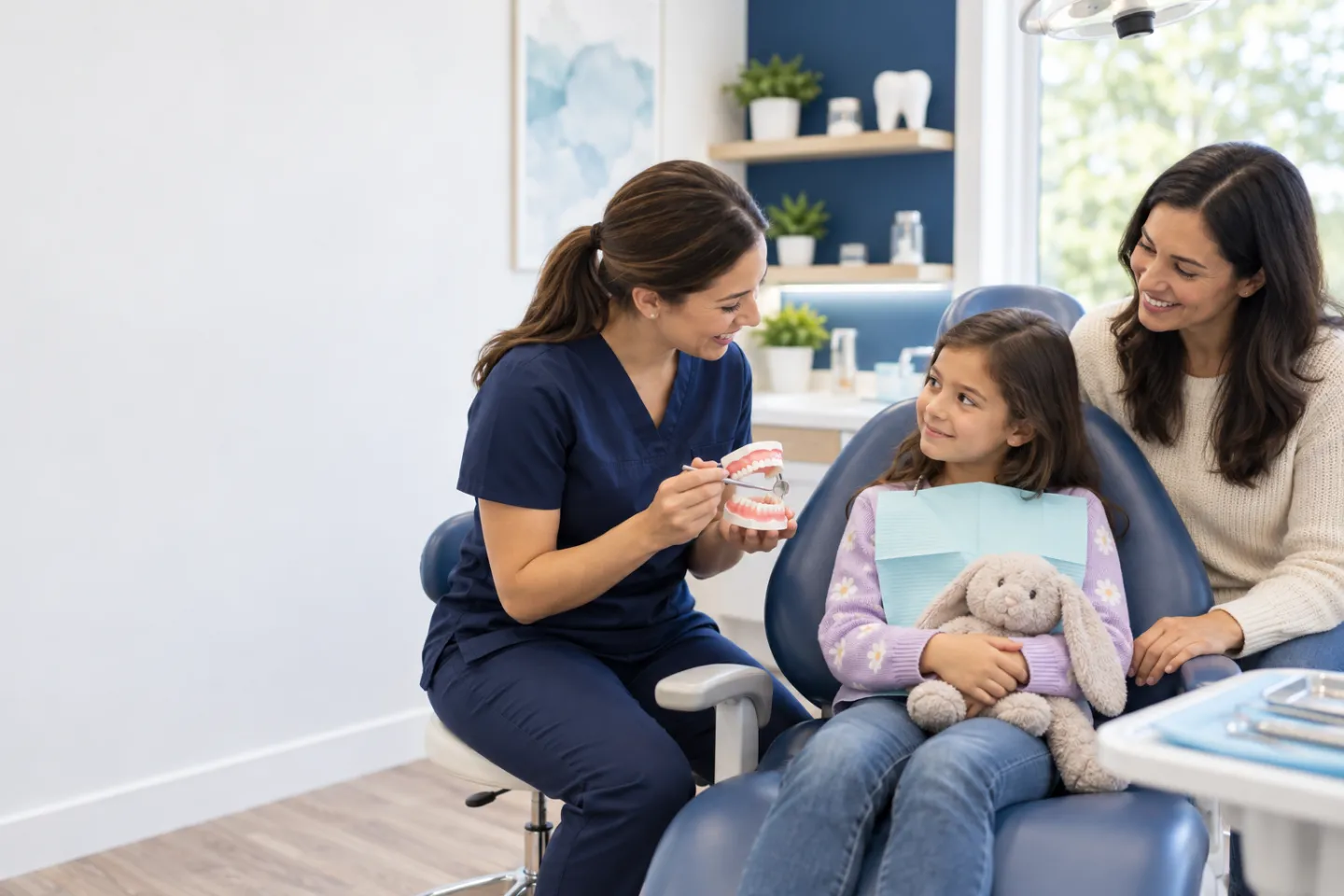 Calm dentist reassuring a child before a gentle dental visit
