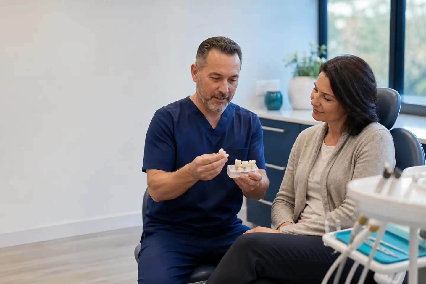 Dentist explaining a custom dental crown with a tooth model