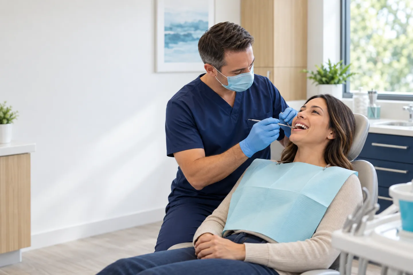 Dentist performing a routine dental exam for an adult patient in a bright clinic
