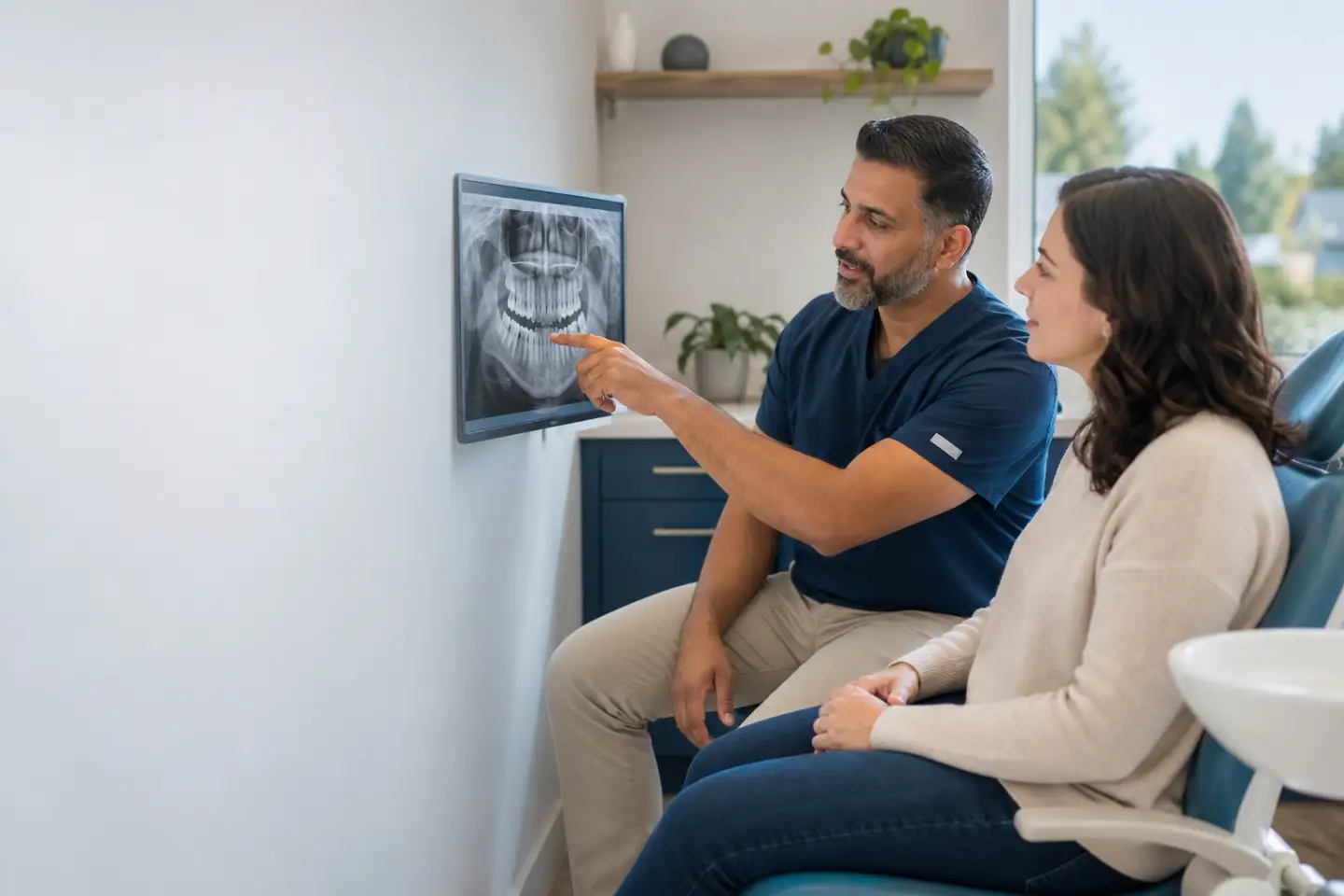 Dentist reviewing an X-ray with a patient before a dental extraction