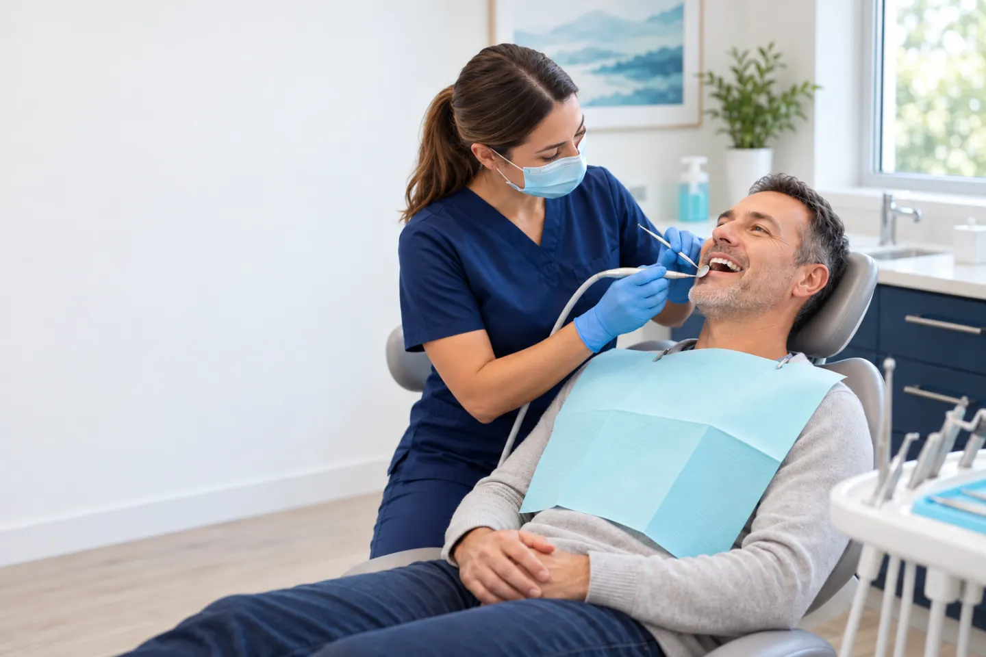 Dental hygienist providing a gentle preventive cleaning for an adult patient