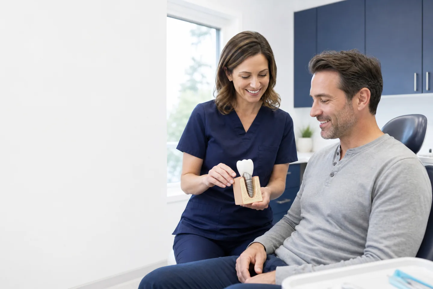 Dentist explaining a dental implant model to a patient in Port Dover
