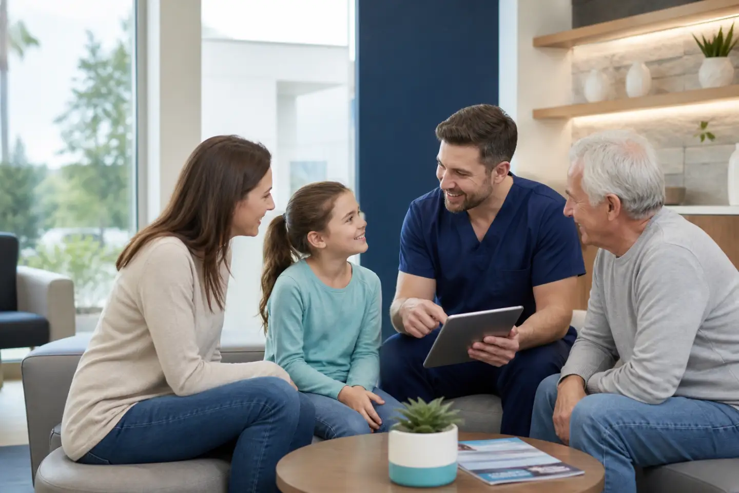 Dentist discussing dental care with a family