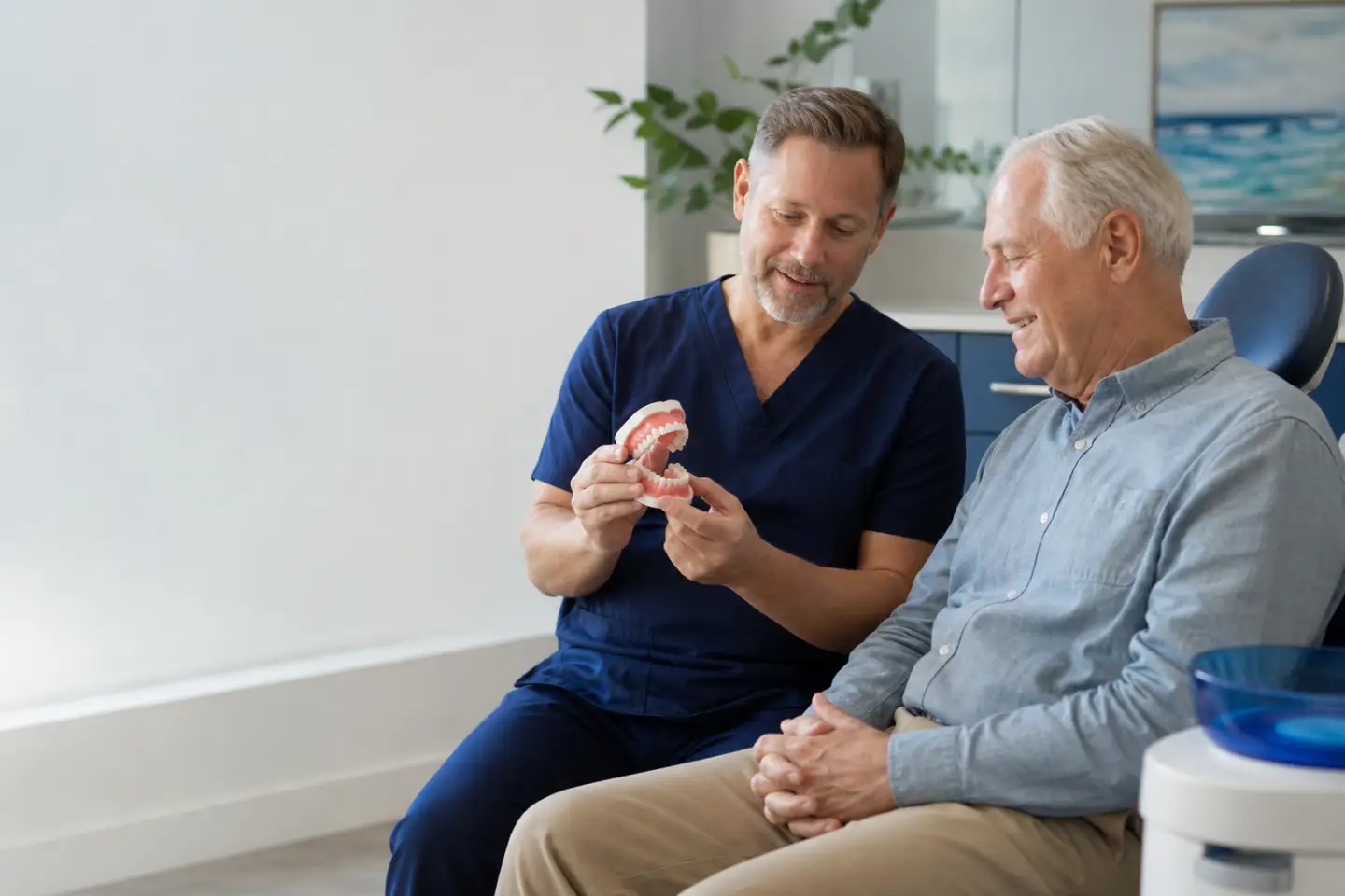 Dentist showing complete and partial denture options to an older adult patient