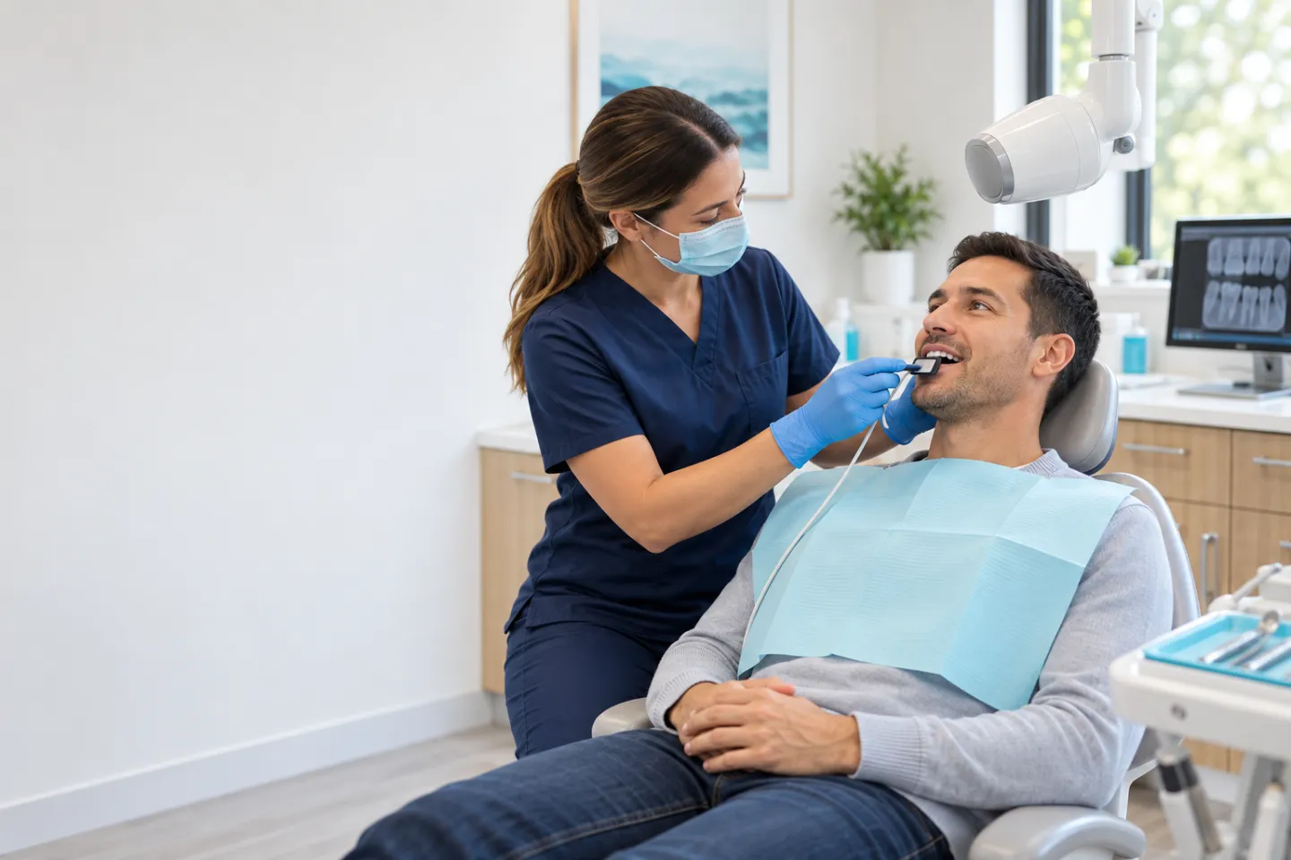 Dental professional positioning a digital X-ray sensor for an adult patient