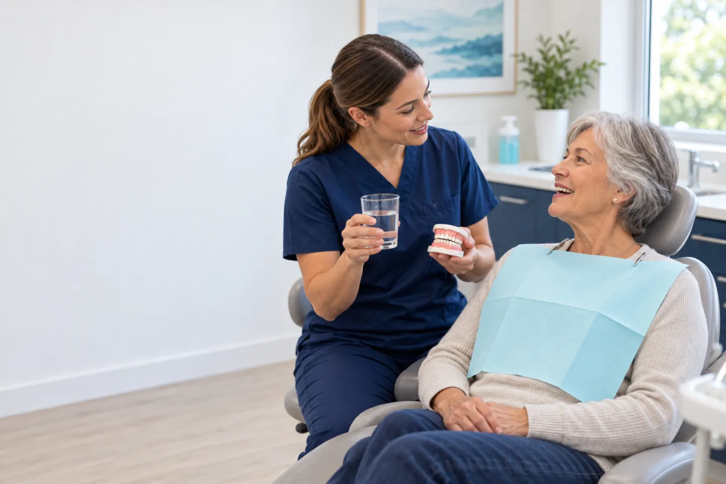 Dentist discussing dry mouth care with an older adult patient and offering water