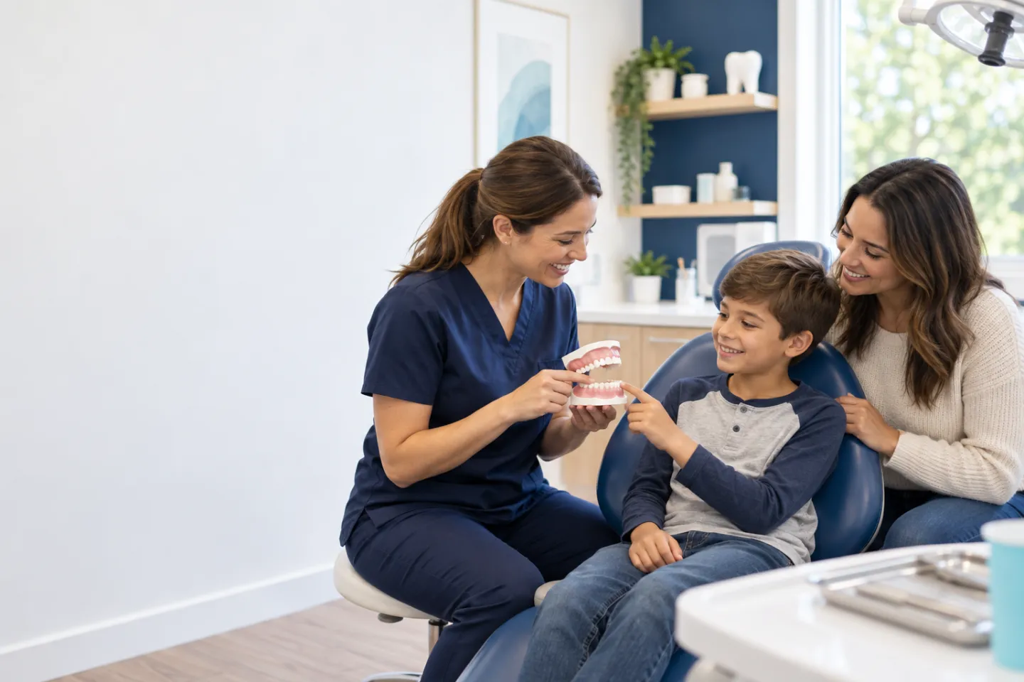Dentist assessing a child’s developing bite with a dental model