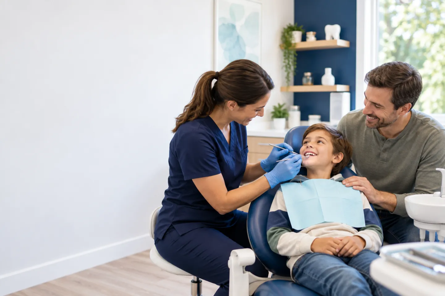 Dentist calmly examining a child after a minor dental injury with a parent nearby