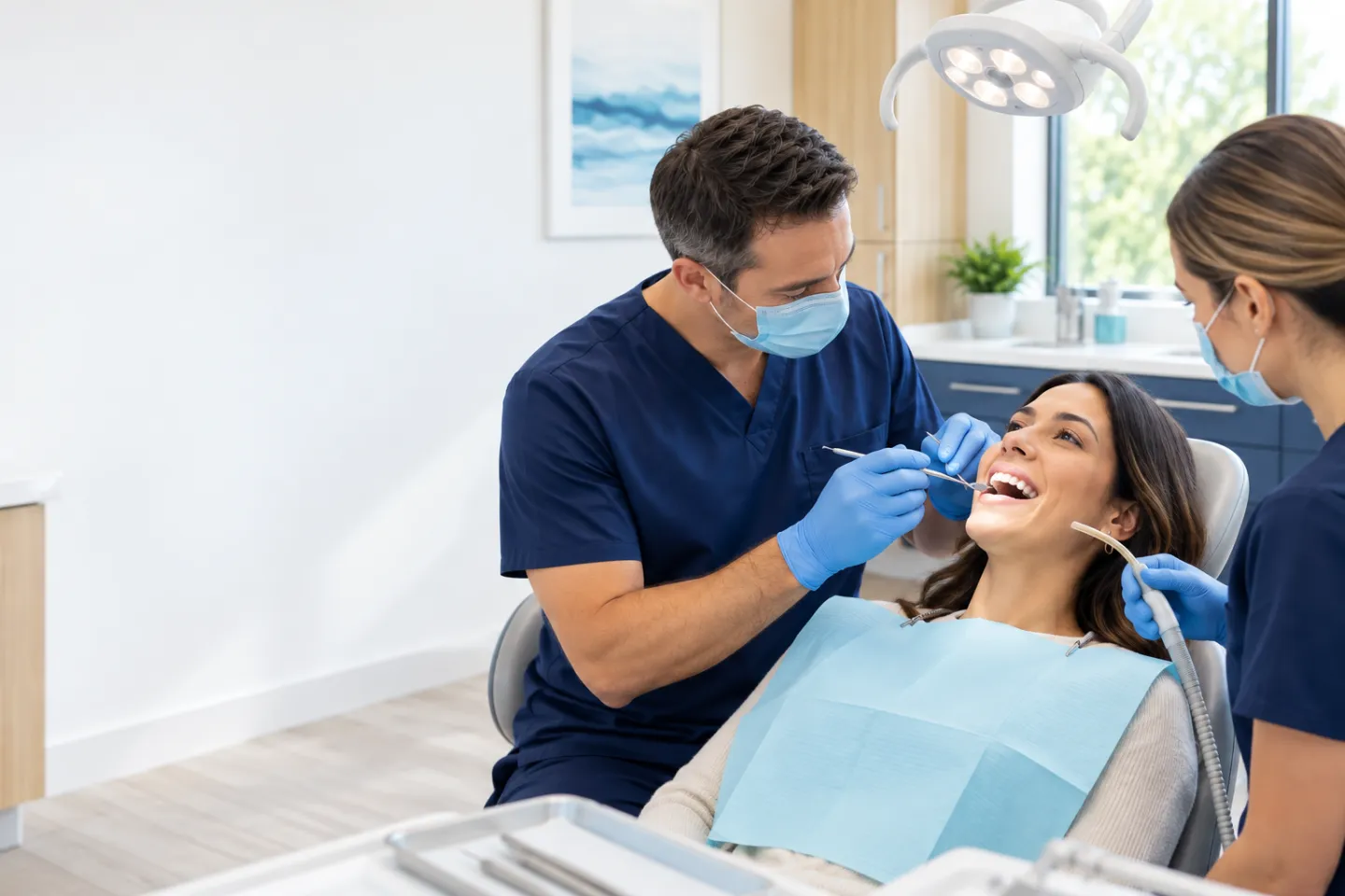 Dentist performing a focused emergency dental examination