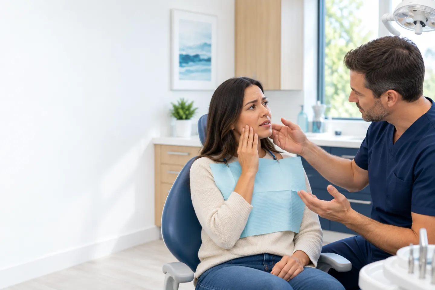 Dentist providing reassuring emergency care to a patient with dental pain