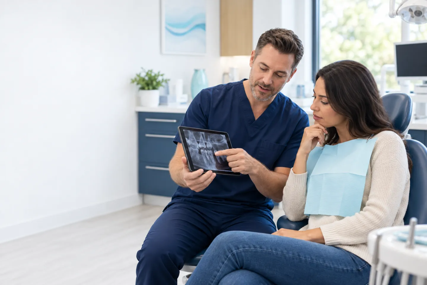Dentist discussing an emergency tooth extraction with a patient
