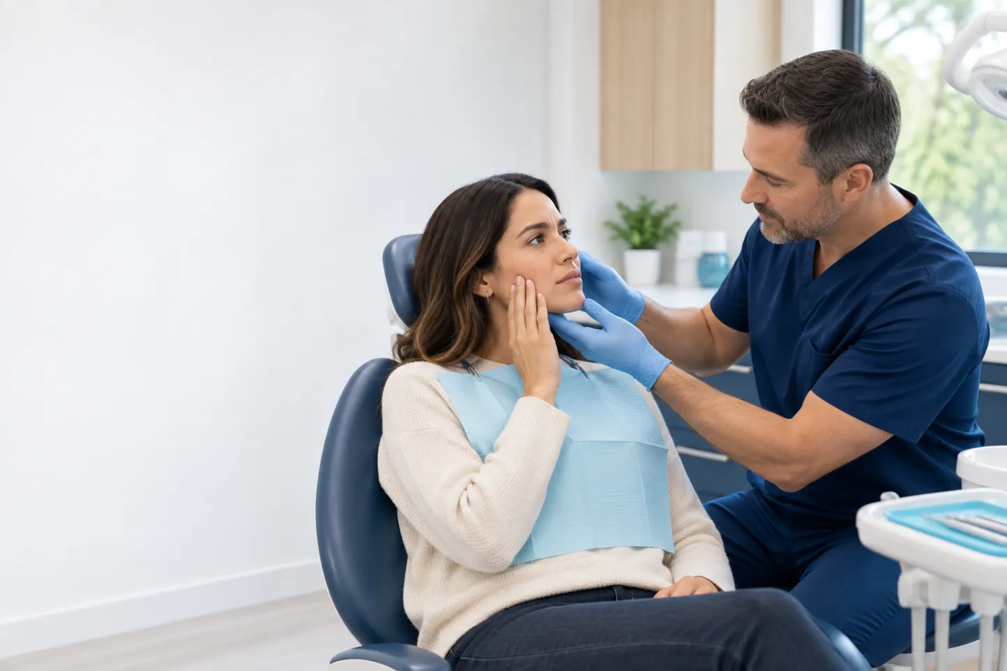 Dentist urgently assessing a patient with facial swelling