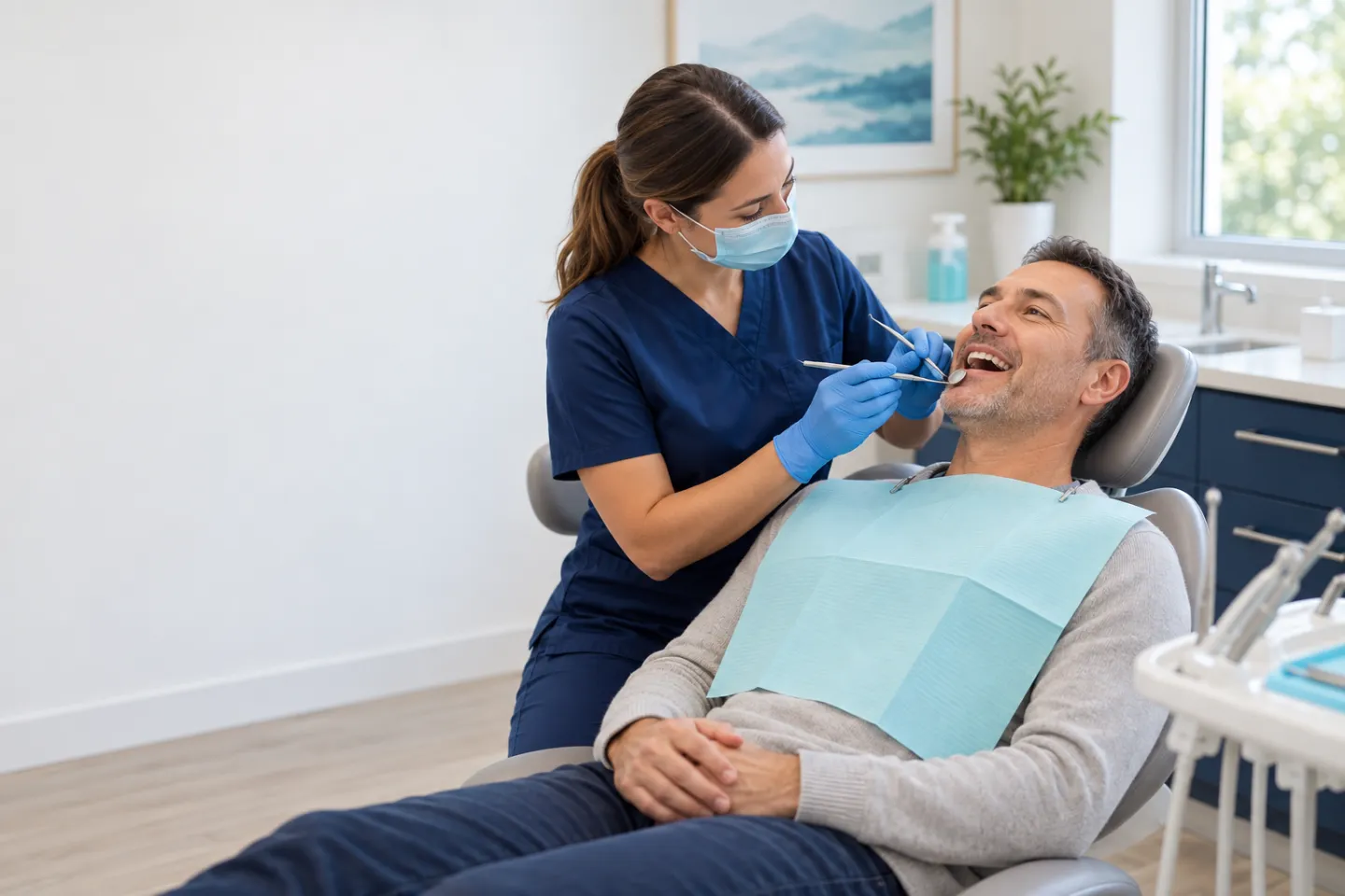 Dental hygienist performing a gentle periodontal assessment for an adult patient