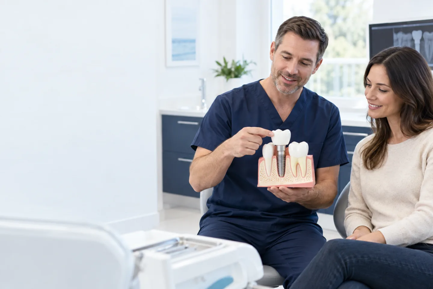 Dentist explaining an implant-supported crown to a patient in Port Dover