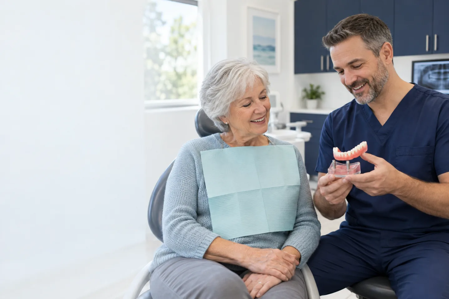 Dentist showing an implant-supported denture model to a patient in Port Dover