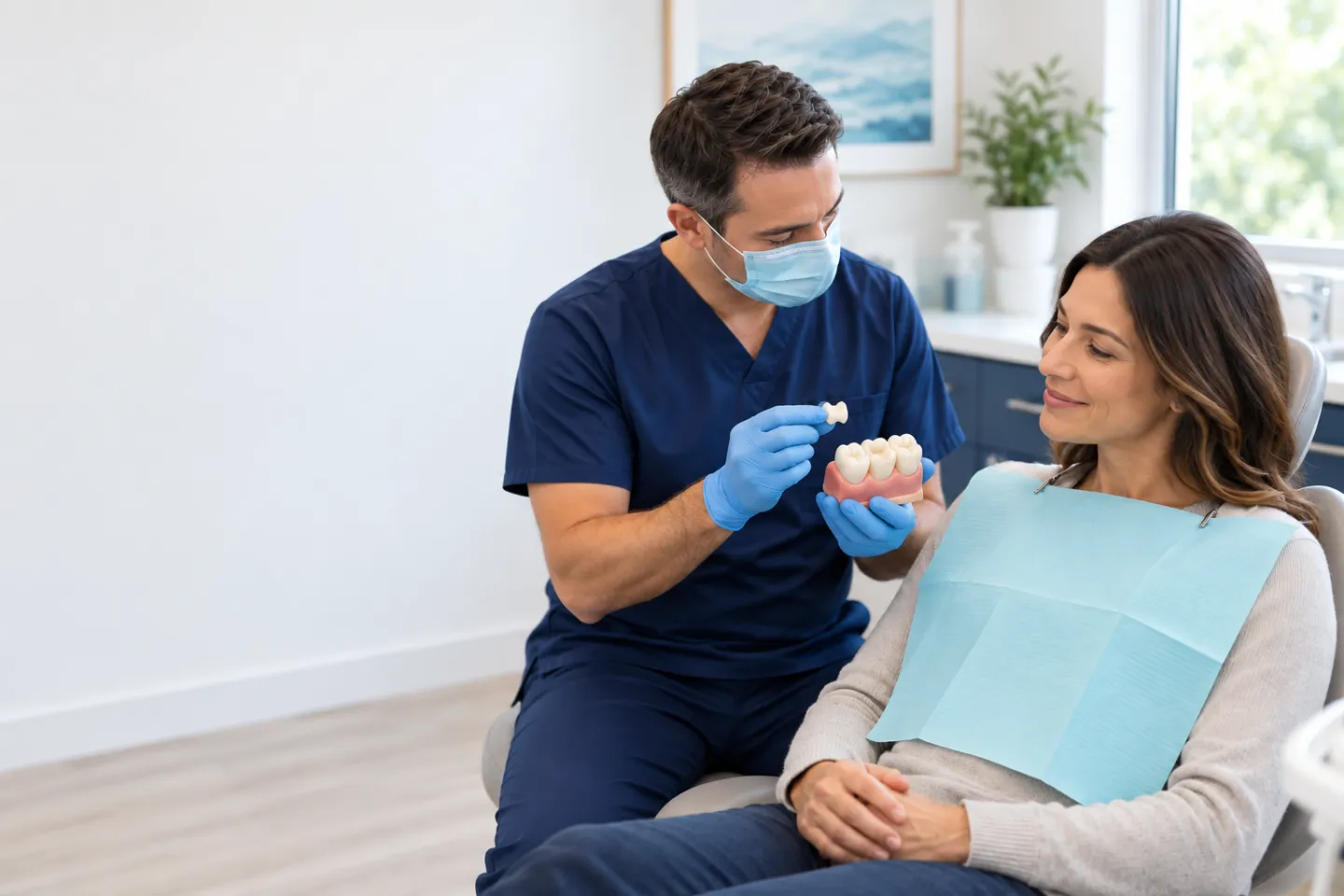 Dentist showing a ceramic onlay beside a model of a back tooth