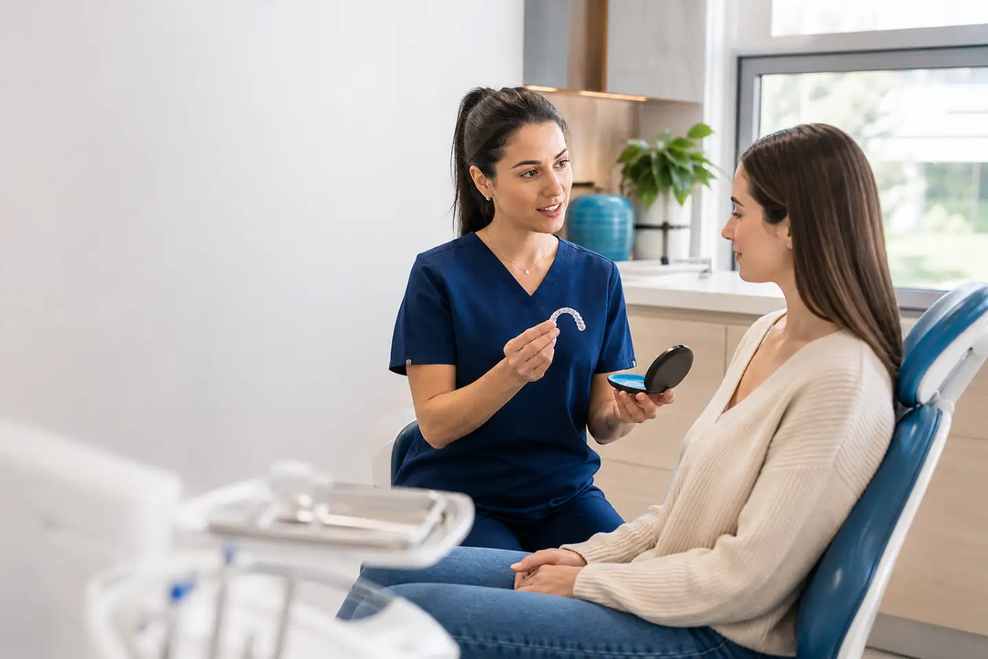 Dentist showing a clear aligner to an adult patient