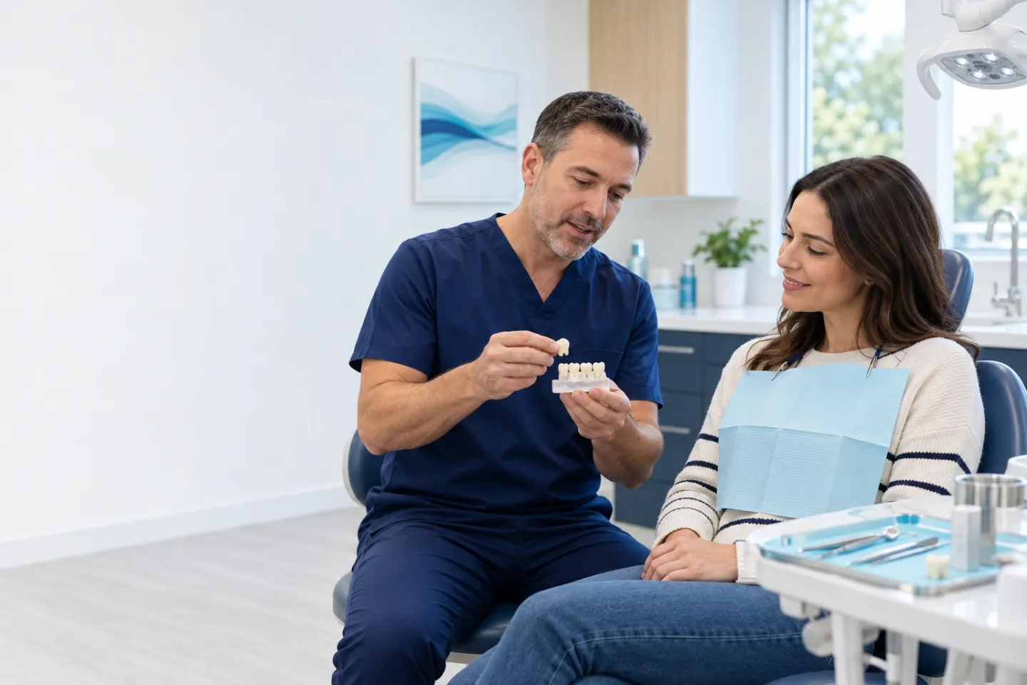 Dentist examining a patient after a dental crown came loose