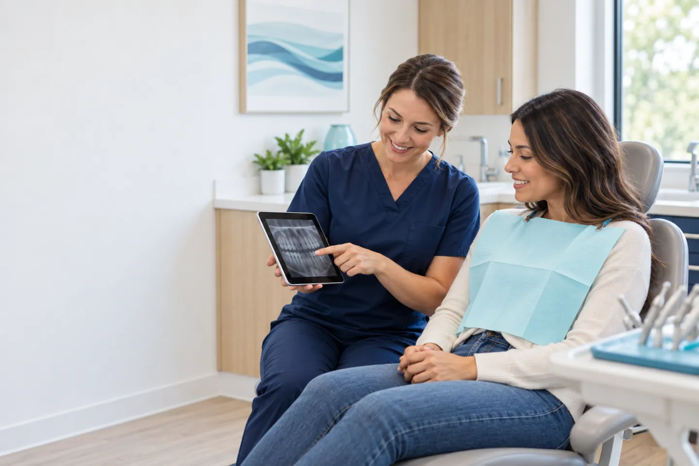 Dentist reviewing a digital dental image with a new patient during a first visit