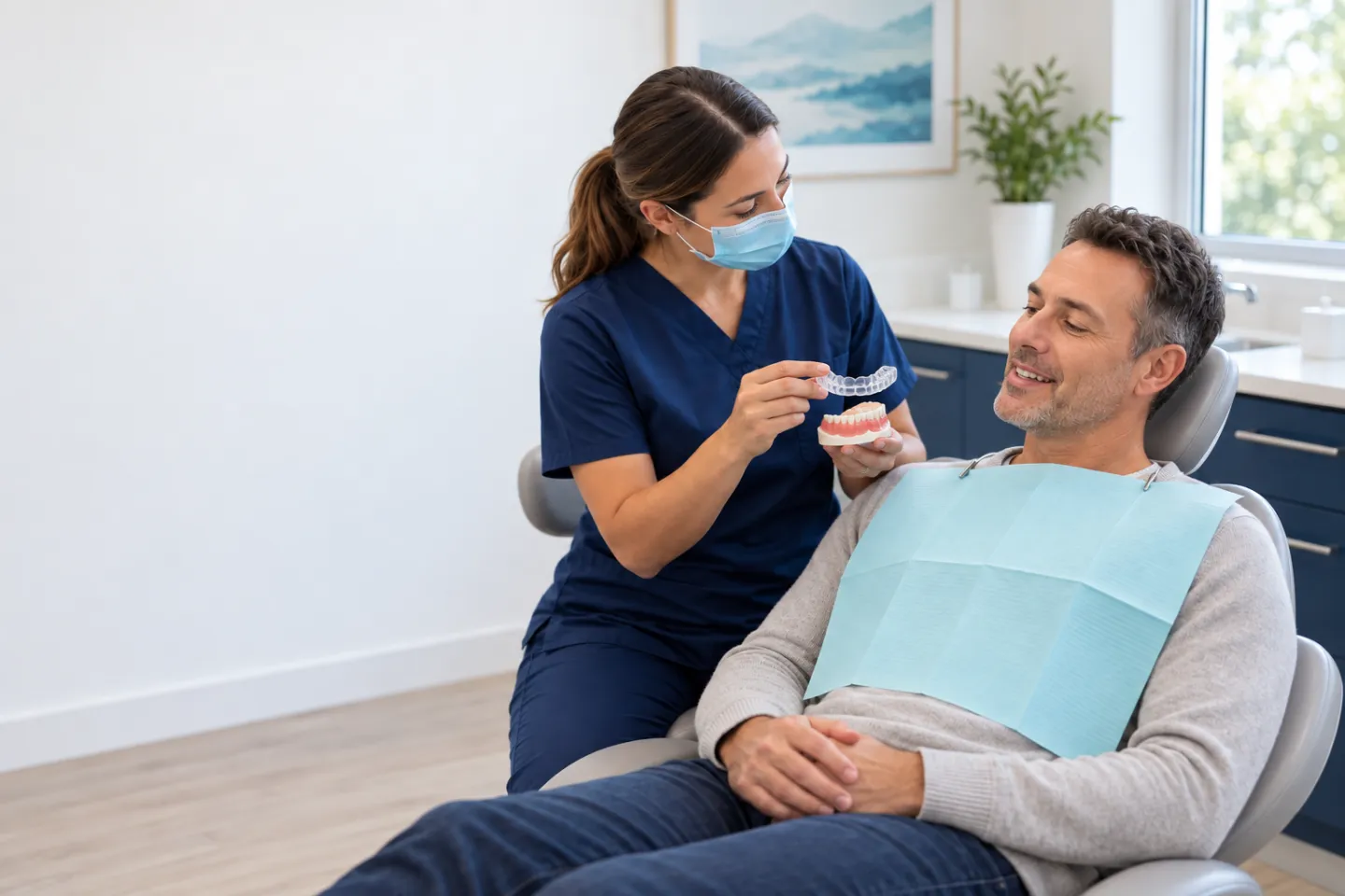 Dentist showing a clear custom night guard to an adult patient