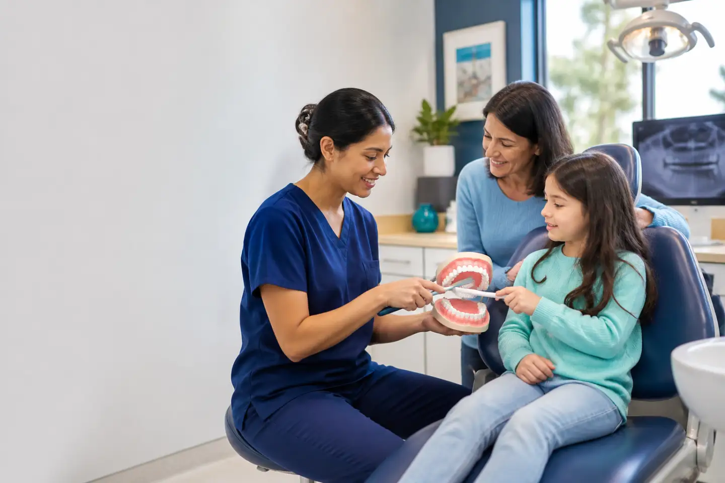Dental professional teaching a child to brush with a tooth model
