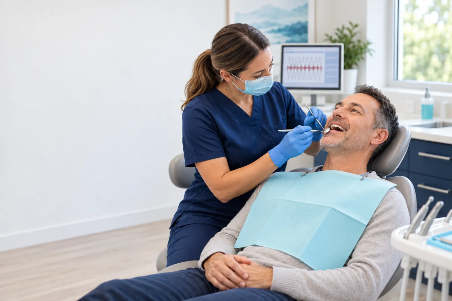 Dental hygienist providing gentle periodontal maintenance for an adult patient