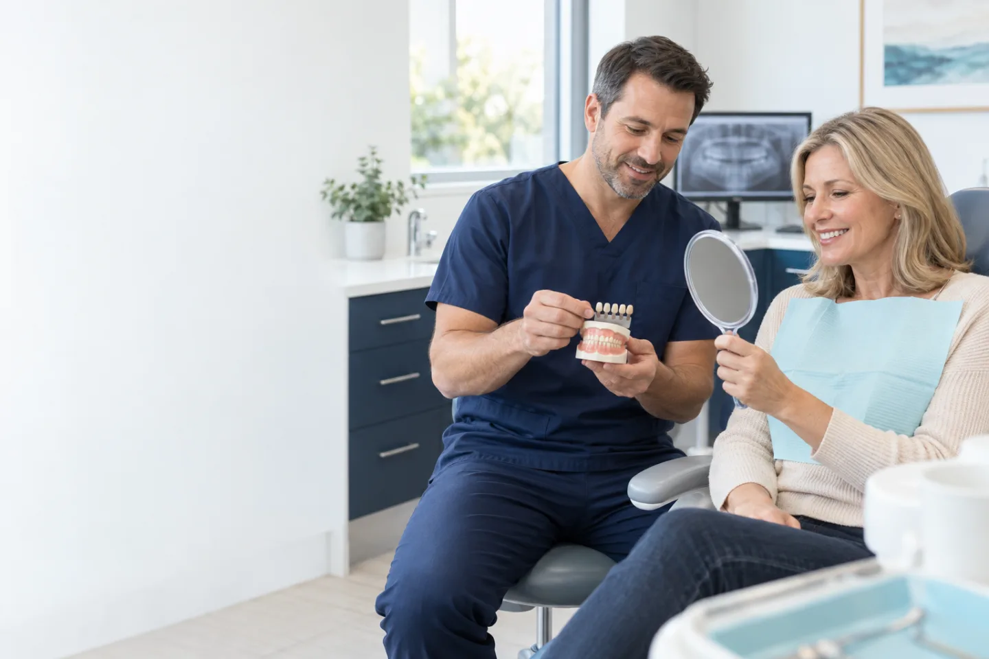 Dentist discussing replacement of an old filling with a patient in Port Dover