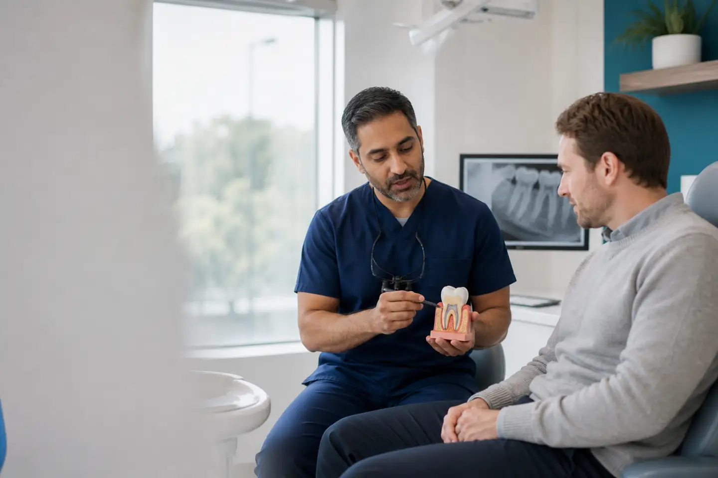 Dentist using a tooth model to explain root canal treatment