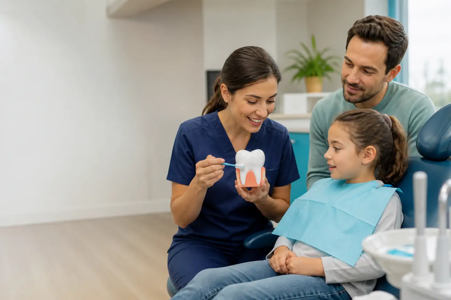 Child learning about sealants and fluoride treatment from a dentist