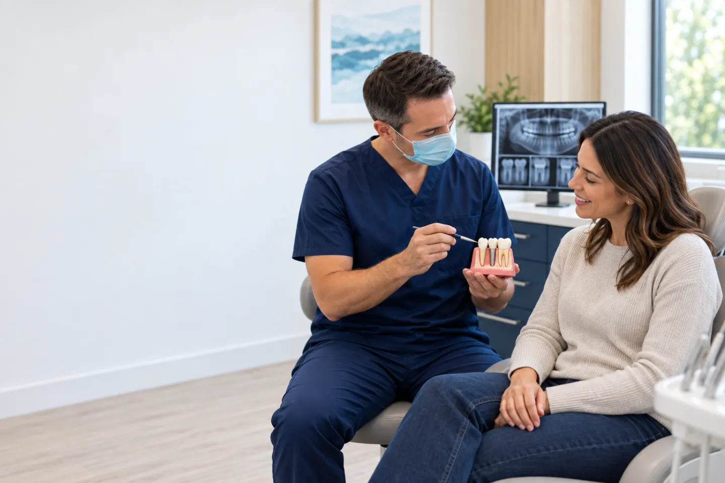 Dentist reviewing dental X-rays and treatment options with an adult patient
