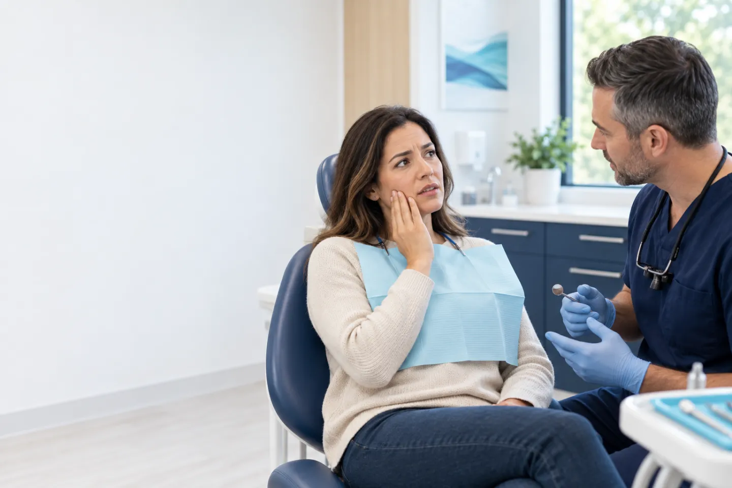 Dentist examining a patient experiencing severe tooth pain