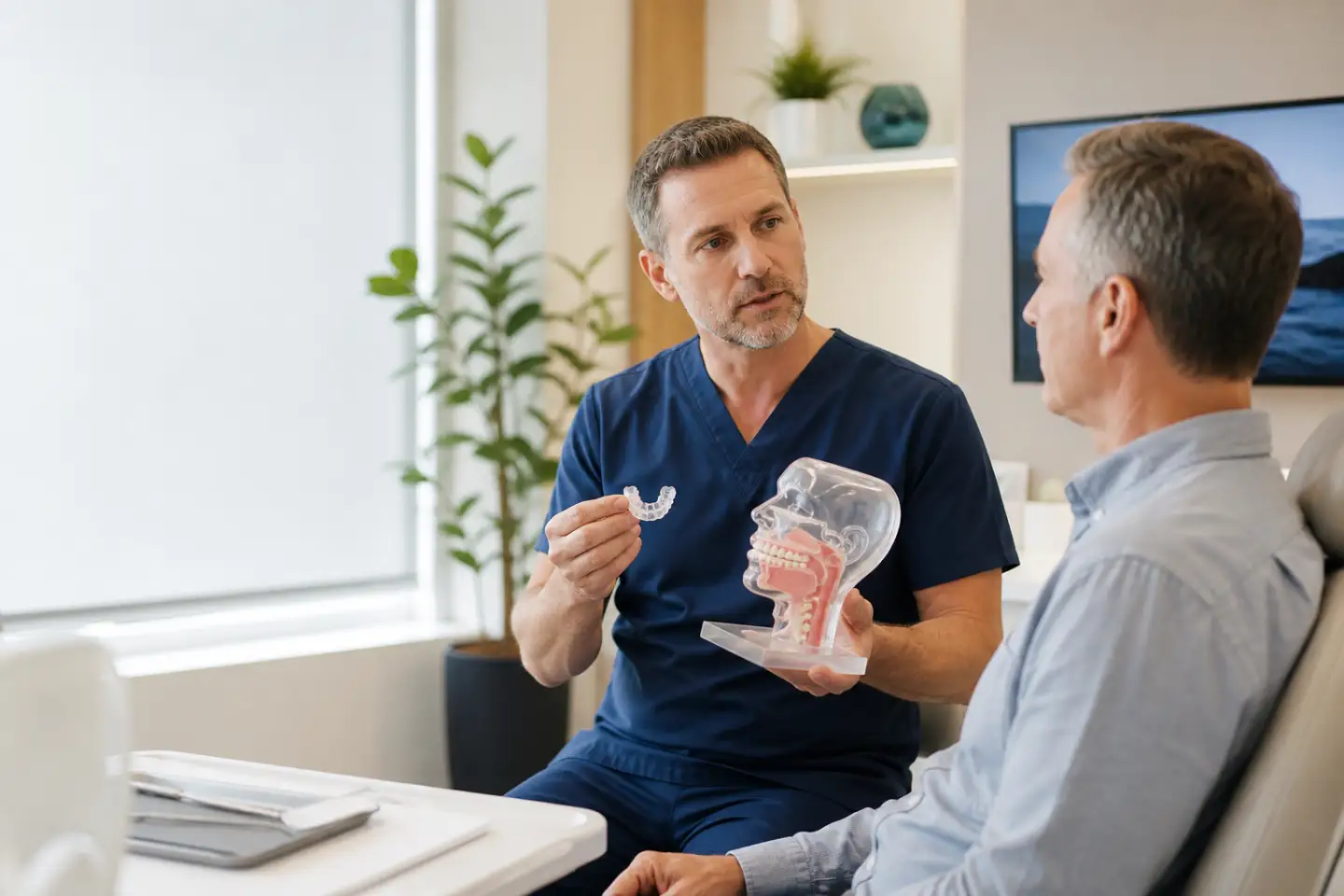 Dentist explaining a custom sleep apnea oral appliance to a patient in Port Dover