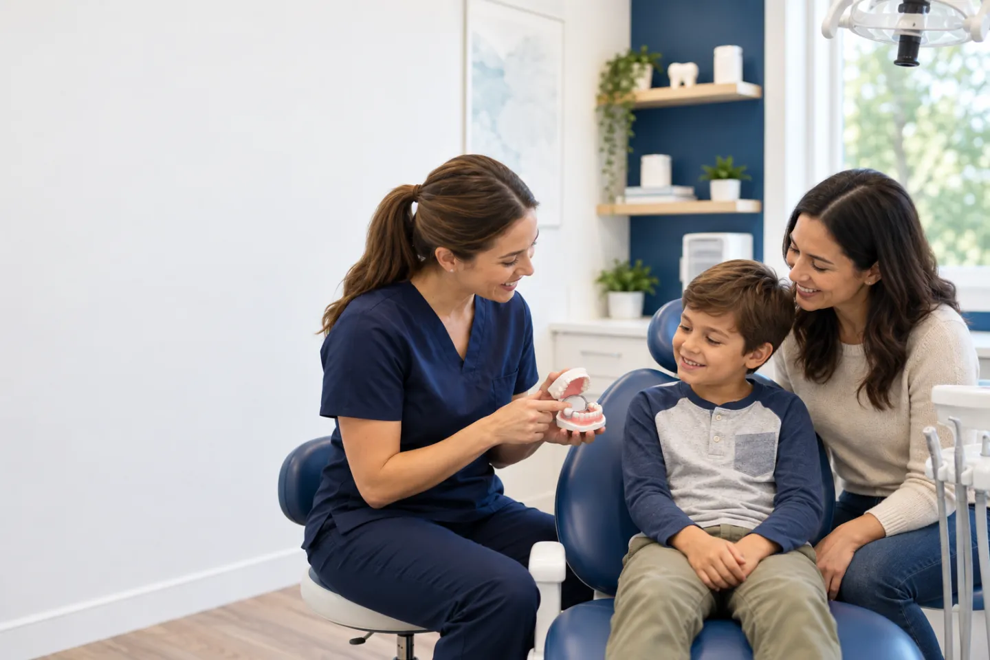 Dentist explaining a child’s space maintainer using a dental model