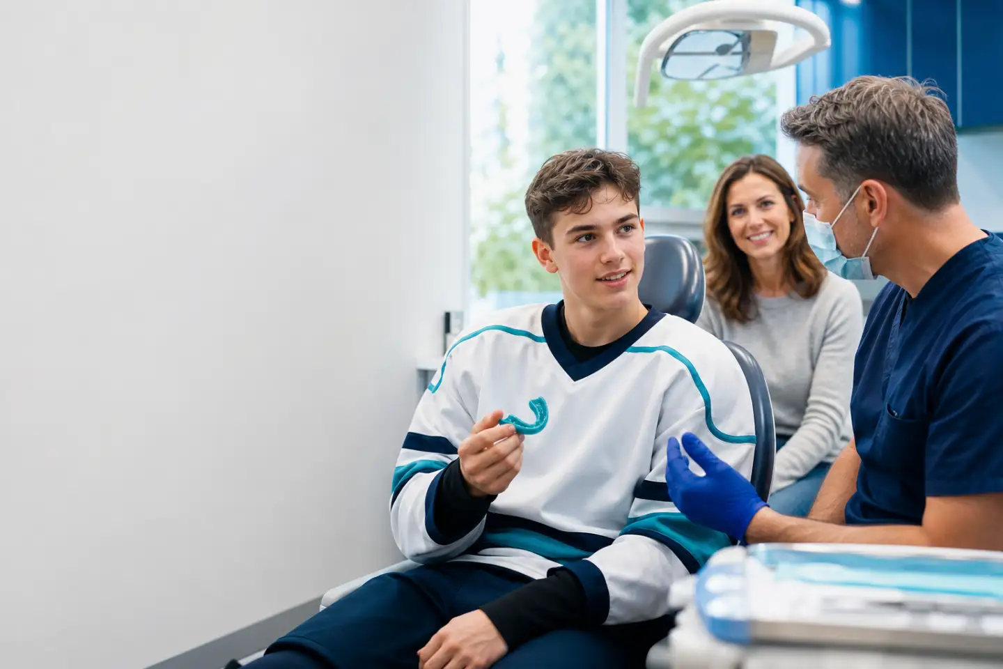 Teen athlete discussing a custom sports guard with a dentist in Port Dover