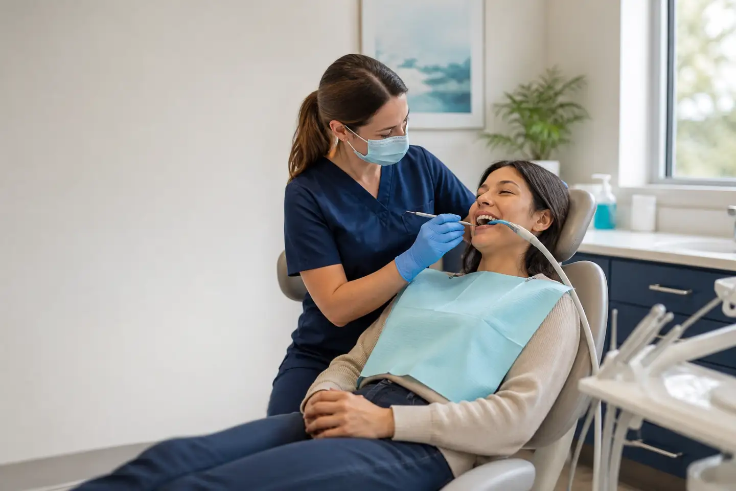 Dental hygienist providing a routine teeth cleaning to an adult