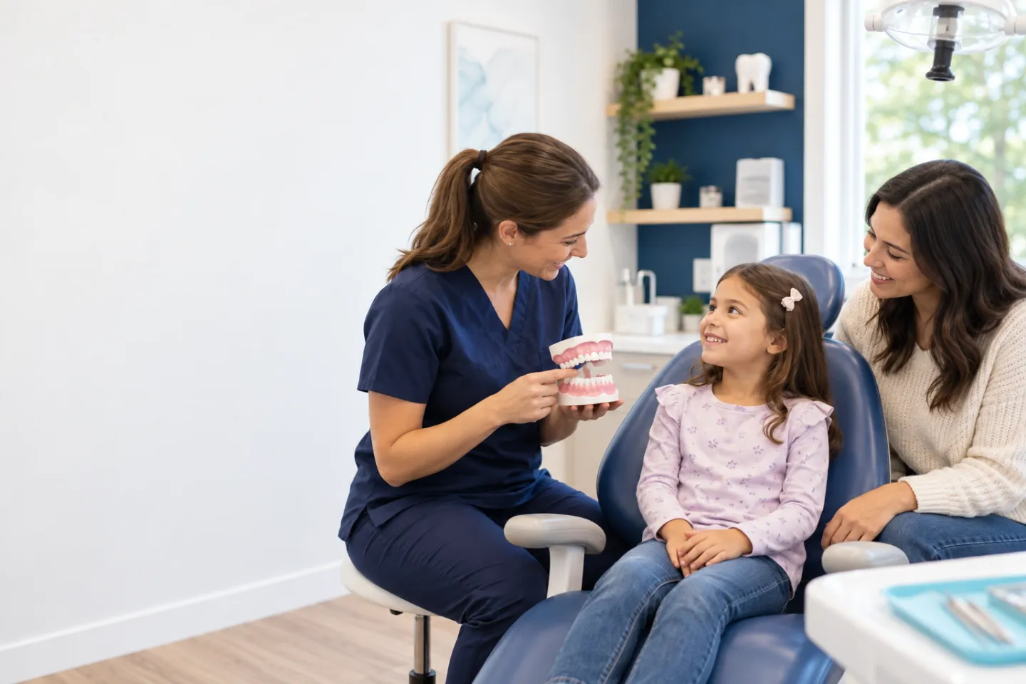Dentist speaking supportively with a parent and child about oral habits