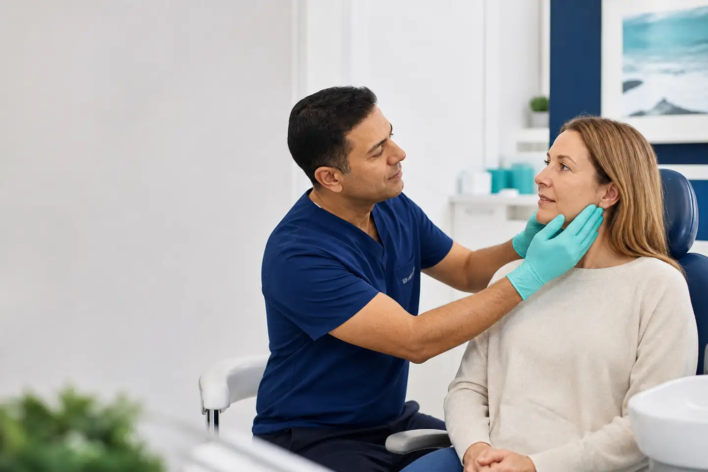 Dentist gently assessing a patient's jaw during a TMJ consultation in Port Dover