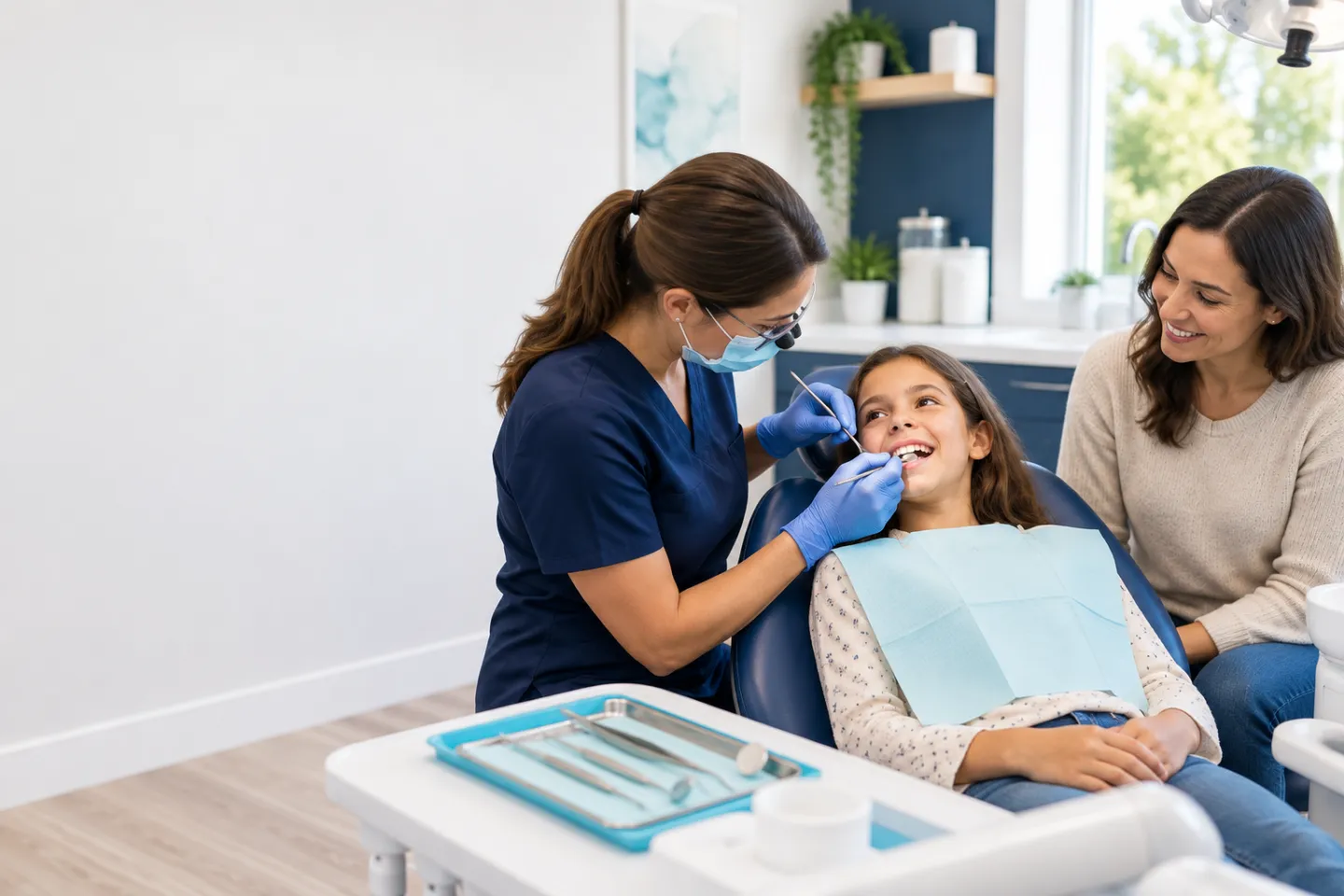 Dentist showing a tooth-coloured filling shade to a child and parent