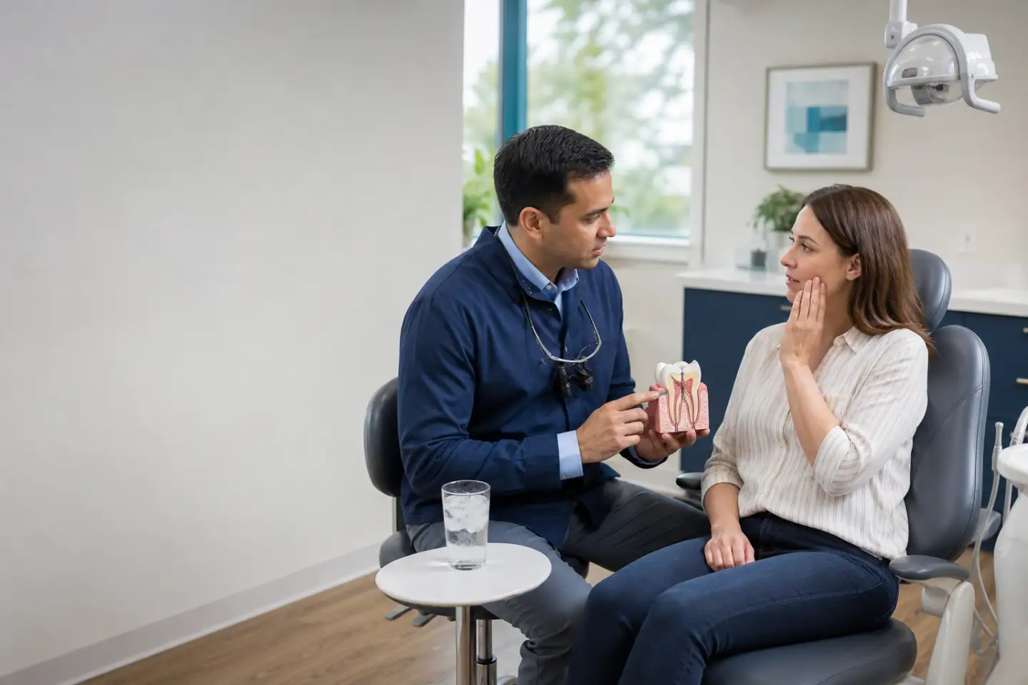 Dentist explaining the causes of tooth sensitivity with a tooth model in Port Dover